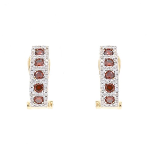 Yellow Gold Dark Orange Diamond J-Hoop Earrings - 14k Round 1.10ctw Treated